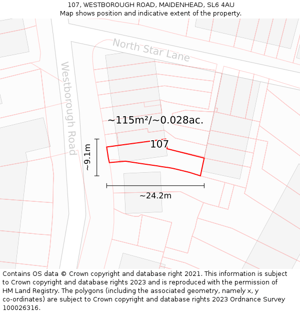 107, WESTBOROUGH ROAD, MAIDENHEAD, SL6 4AU: Plot and title map
