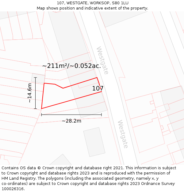 107, WESTGATE, WORKSOP, S80 1LU: Plot and title map