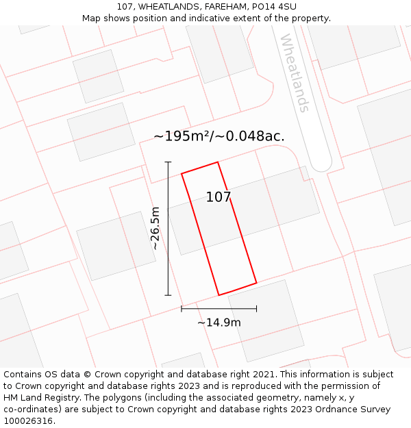107, WHEATLANDS, FAREHAM, PO14 4SU: Plot and title map