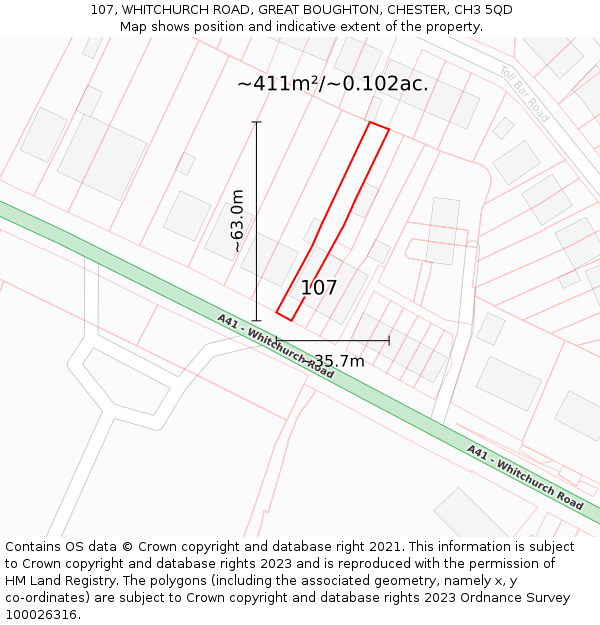 107, WHITCHURCH ROAD, GREAT BOUGHTON, CHESTER, CH3 5QD: Plot and title map