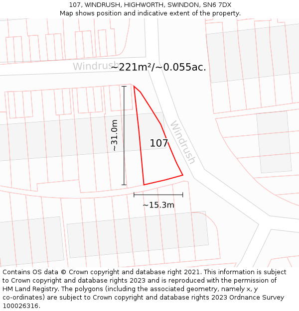 107, WINDRUSH, HIGHWORTH, SWINDON, SN6 7DX: Plot and title map