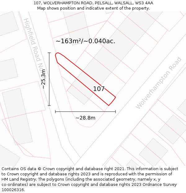 107, WOLVERHAMPTON ROAD, PELSALL, WALSALL, WS3 4AA: Plot and title map