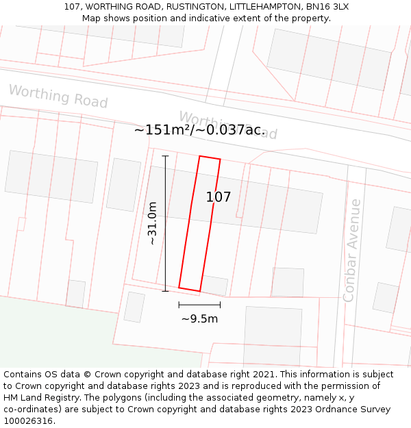 107, WORTHING ROAD, RUSTINGTON, LITTLEHAMPTON, BN16 3LX: Plot and title map