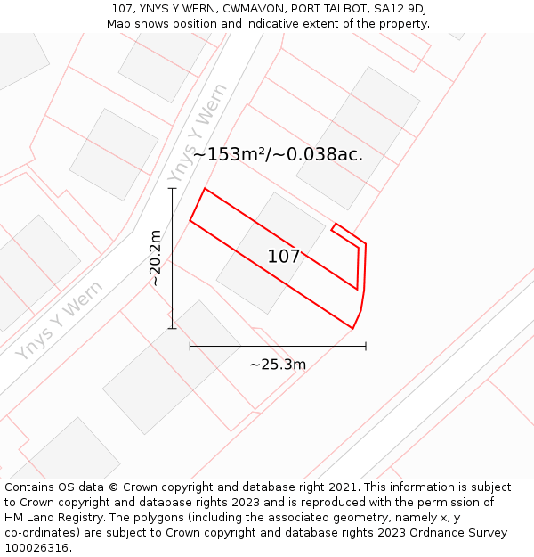 107, YNYS Y WERN, CWMAVON, PORT TALBOT, SA12 9DJ: Plot and title map