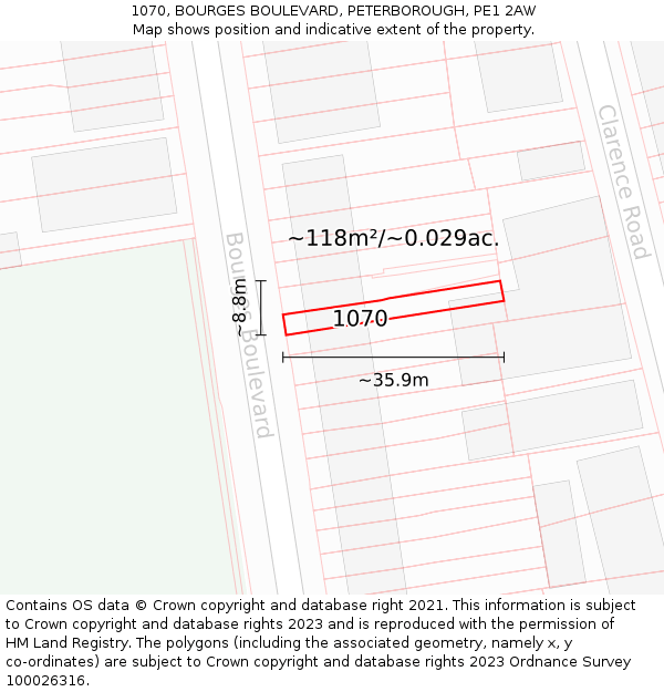 1070, BOURGES BOULEVARD, PETERBOROUGH, PE1 2AW: Plot and title map