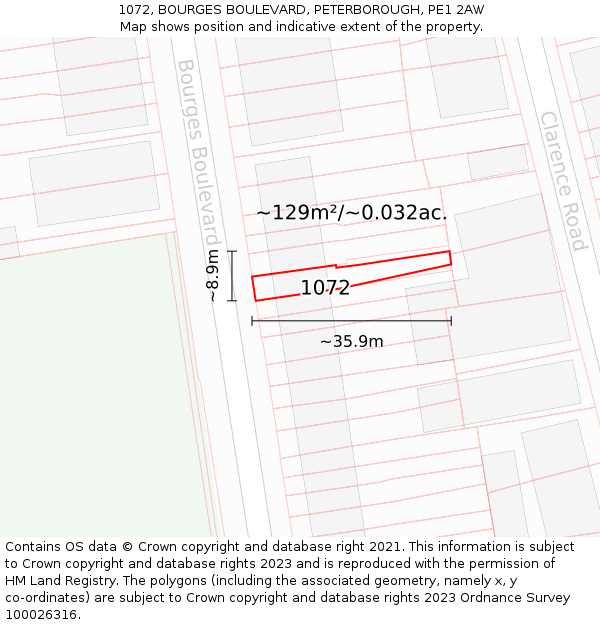 1072, BOURGES BOULEVARD, PETERBOROUGH, PE1 2AW: Plot and title map
