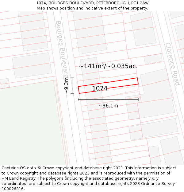 1074, BOURGES BOULEVARD, PETERBOROUGH, PE1 2AW: Plot and title map