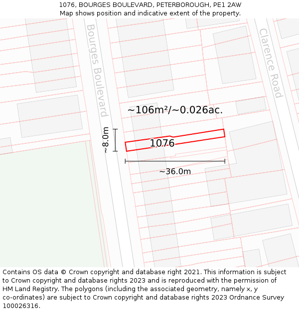 1076, BOURGES BOULEVARD, PETERBOROUGH, PE1 2AW: Plot and title map
