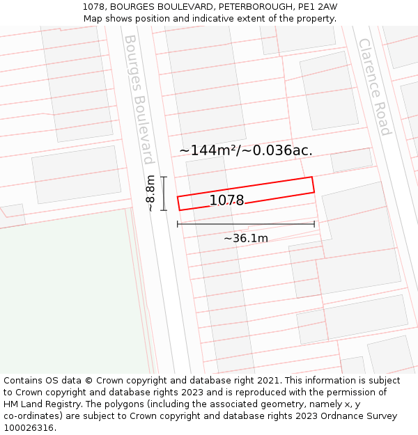 1078, BOURGES BOULEVARD, PETERBOROUGH, PE1 2AW: Plot and title map