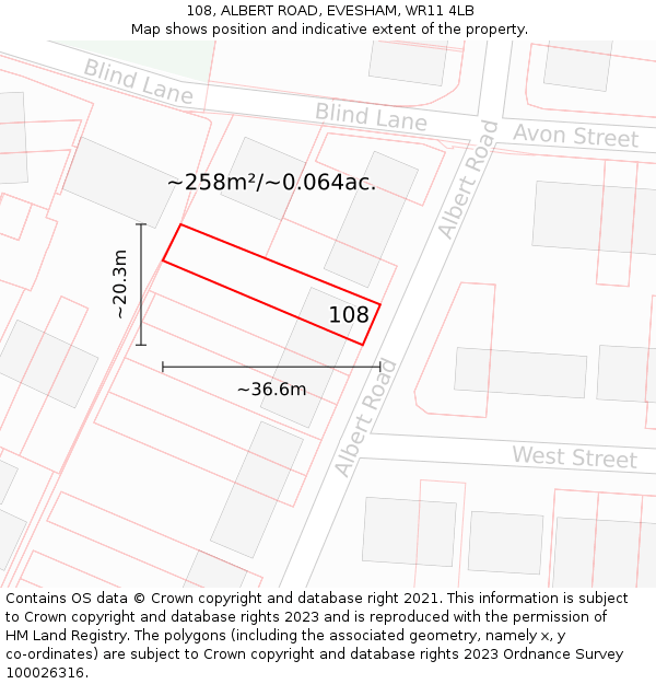 108, ALBERT ROAD, EVESHAM, WR11 4LB: Plot and title map