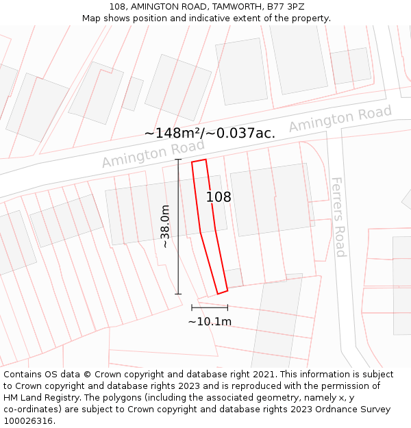 108, AMINGTON ROAD, TAMWORTH, B77 3PZ: Plot and title map