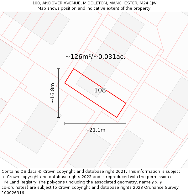 108, ANDOVER AVENUE, MIDDLETON, MANCHESTER, M24 1JW: Plot and title map