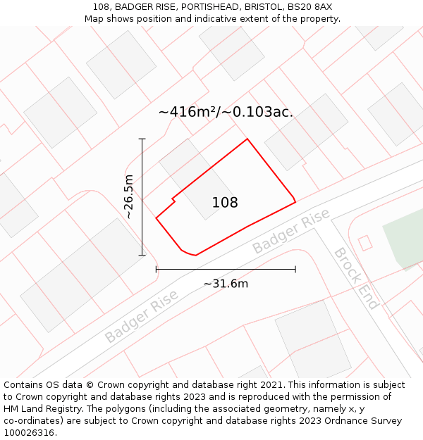 108, BADGER RISE, PORTISHEAD, BRISTOL, BS20 8AX: Plot and title map