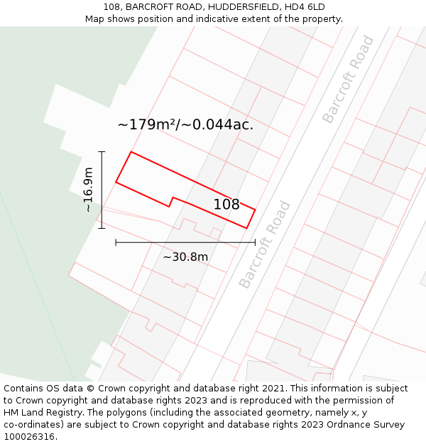 108, BARCROFT ROAD, HUDDERSFIELD, HD4 6LD: Plot and title map