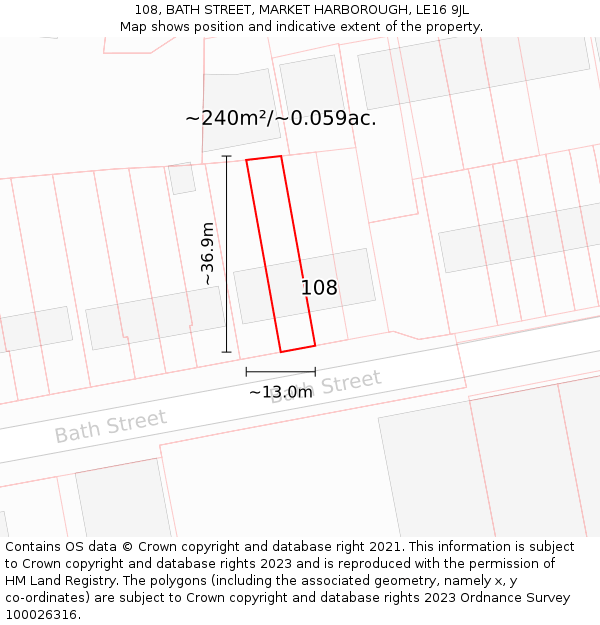 108, BATH STREET, MARKET HARBOROUGH, LE16 9JL: Plot and title map