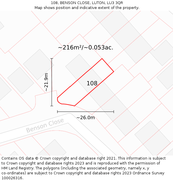 108, BENSON CLOSE, LUTON, LU3 3QR: Plot and title map