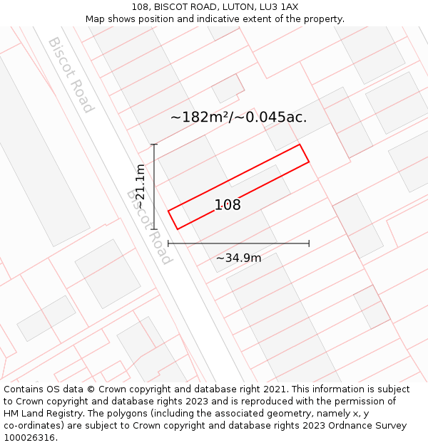 108, BISCOT ROAD, LUTON, LU3 1AX: Plot and title map