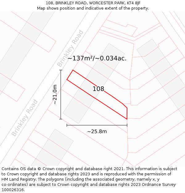 108, BRINKLEY ROAD, WORCESTER PARK, KT4 8JF: Plot and title map