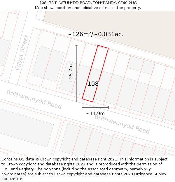 108, BRITHWEUNYDD ROAD, TONYPANDY, CF40 2UG: Plot and title map