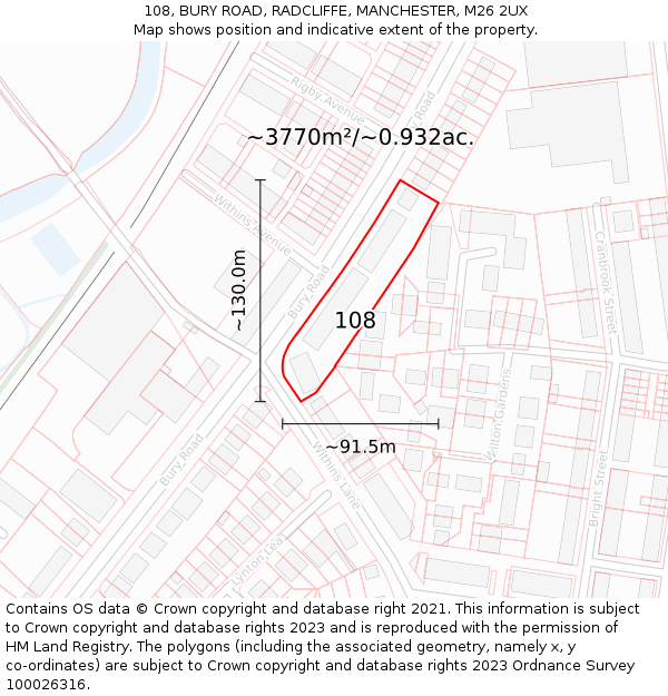 108, BURY ROAD, RADCLIFFE, MANCHESTER, M26 2UX: Plot and title map