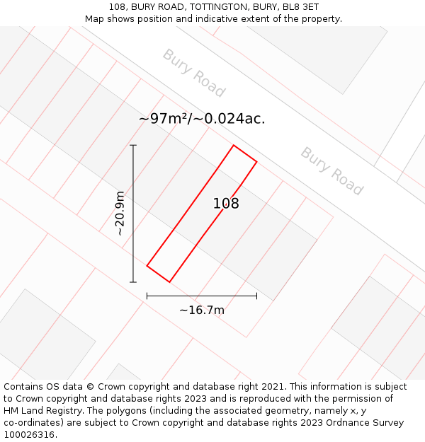 108, BURY ROAD, TOTTINGTON, BURY, BL8 3ET: Plot and title map