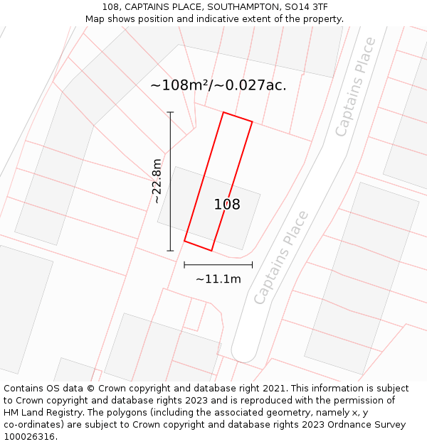 108, CAPTAINS PLACE, SOUTHAMPTON, SO14 3TF: Plot and title map