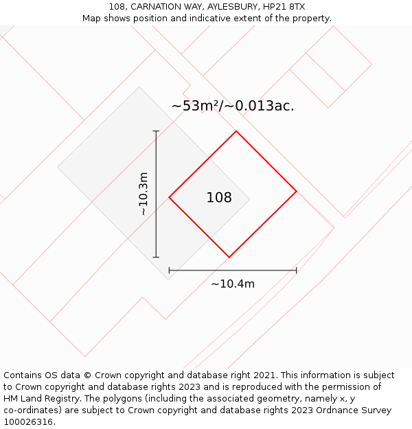 108, CARNATION WAY, AYLESBURY, HP21 8TX: Plot and title map