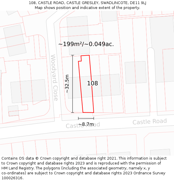 108, CASTLE ROAD, CASTLE GRESLEY, SWADLINCOTE, DE11 9LJ: Plot and title map