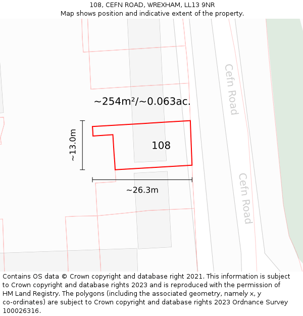 108, CEFN ROAD, WREXHAM, LL13 9NR: Plot and title map