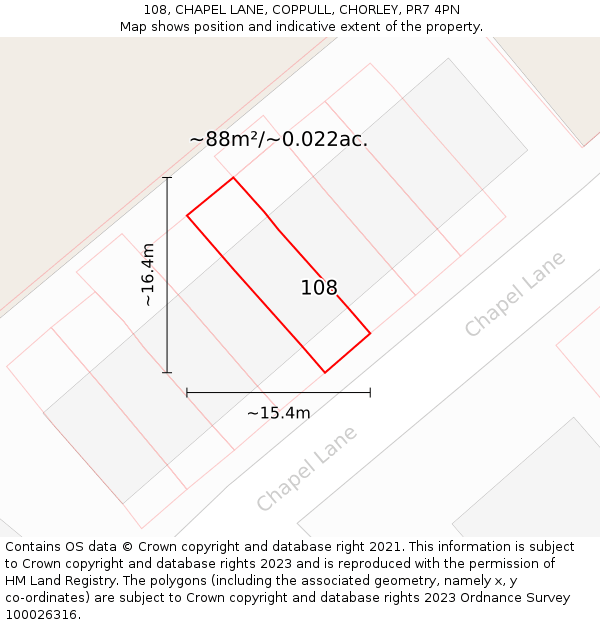 108, CHAPEL LANE, COPPULL, CHORLEY, PR7 4PN: Plot and title map