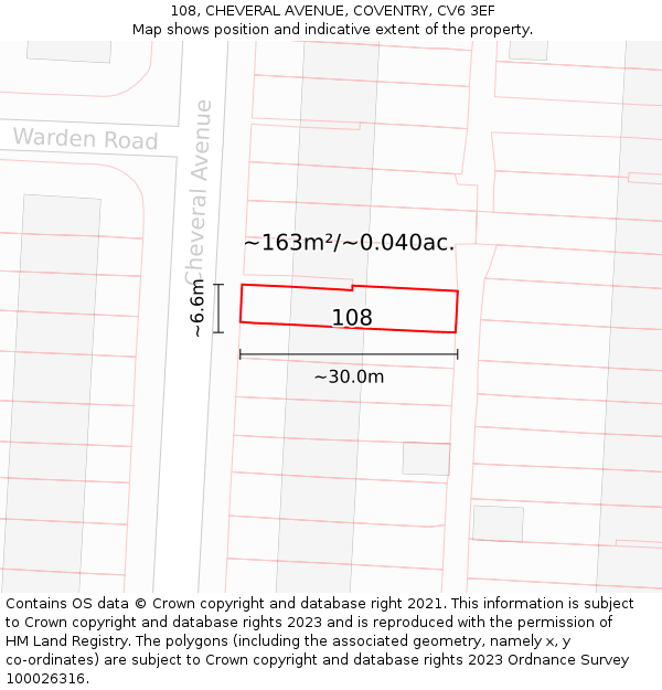 108, CHEVERAL AVENUE, COVENTRY, CV6 3EF: Plot and title map