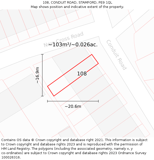 108, CONDUIT ROAD, STAMFORD, PE9 1QL: Plot and title map