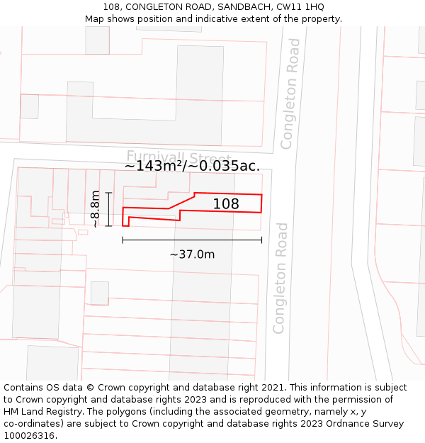 108, CONGLETON ROAD, SANDBACH, CW11 1HQ: Plot and title map