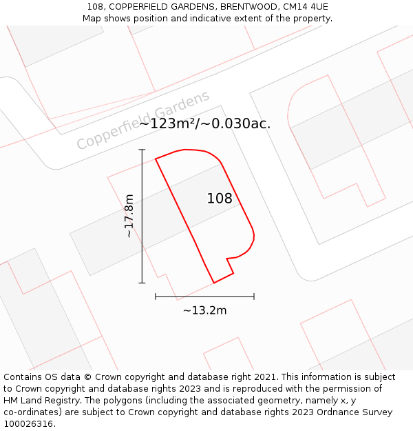 108, COPPERFIELD GARDENS, BRENTWOOD, CM14 4UE: Plot and title map