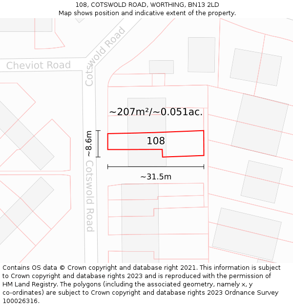 108, COTSWOLD ROAD, WORTHING, BN13 2LD: Plot and title map