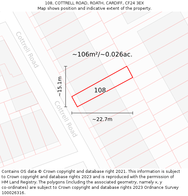 108, COTTRELL ROAD, ROATH, CARDIFF, CF24 3EX: Plot and title map