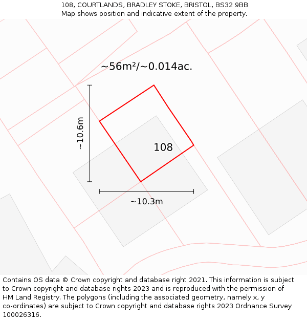 108, COURTLANDS, BRADLEY STOKE, BRISTOL, BS32 9BB: Plot and title map