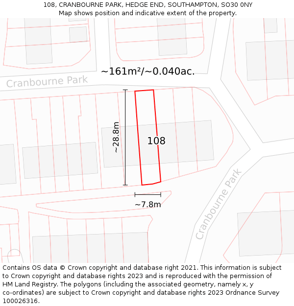 108, CRANBOURNE PARK, HEDGE END, SOUTHAMPTON, SO30 0NY: Plot and title map