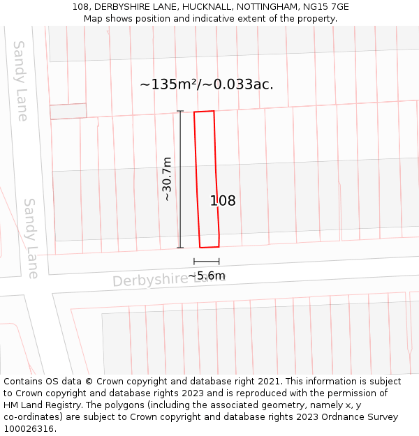108, DERBYSHIRE LANE, HUCKNALL, NOTTINGHAM, NG15 7GE: Plot and title map