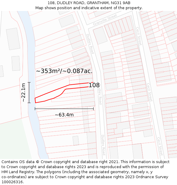 108, DUDLEY ROAD, GRANTHAM, NG31 9AB: Plot and title map