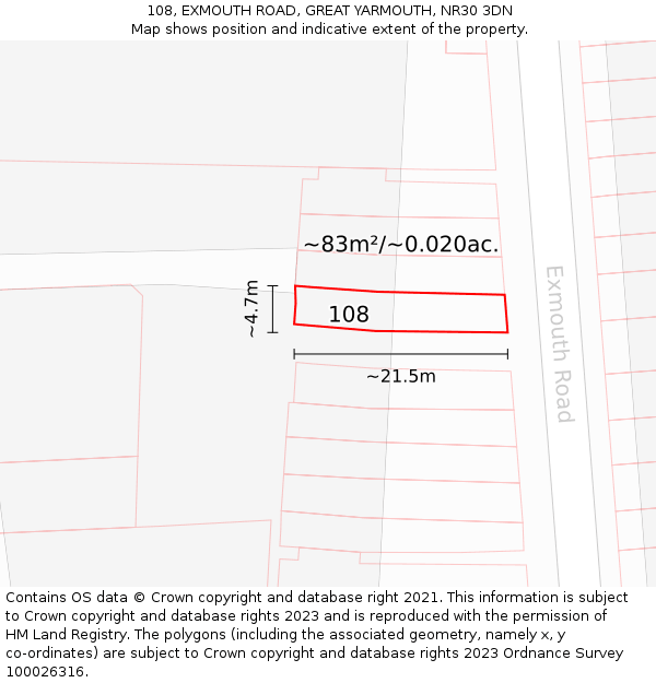 108, EXMOUTH ROAD, GREAT YARMOUTH, NR30 3DN: Plot and title map