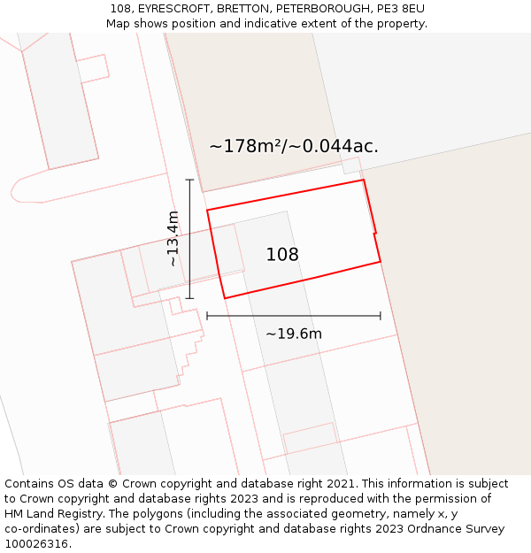 108, EYRESCROFT, BRETTON, PETERBOROUGH, PE3 8EU: Plot and title map