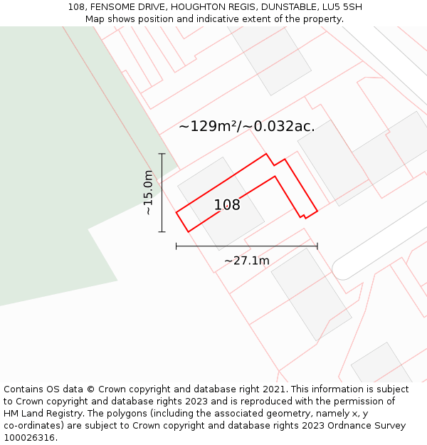 108, FENSOME DRIVE, HOUGHTON REGIS, DUNSTABLE, LU5 5SH: Plot and title map