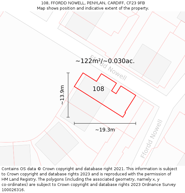 108, FFORDD NOWELL, PENYLAN, CARDIFF, CF23 9FB: Plot and title map