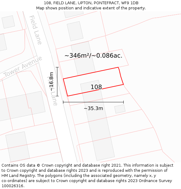 108, FIELD LANE, UPTON, PONTEFRACT, WF9 1DB: Plot and title map