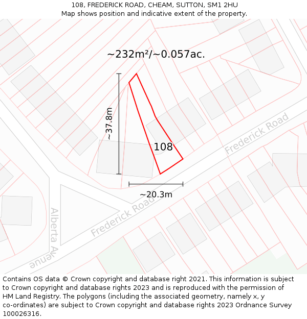 108, FREDERICK ROAD, CHEAM, SUTTON, SM1 2HU: Plot and title map