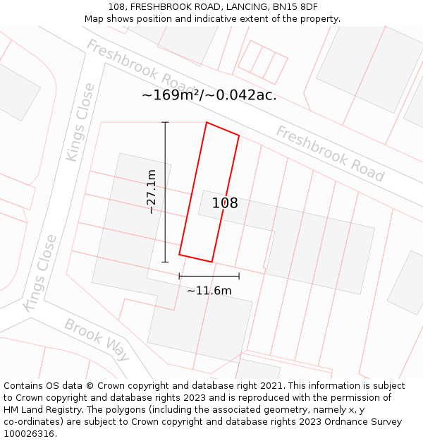 108, FRESHBROOK ROAD, LANCING, BN15 8DF: Plot and title map