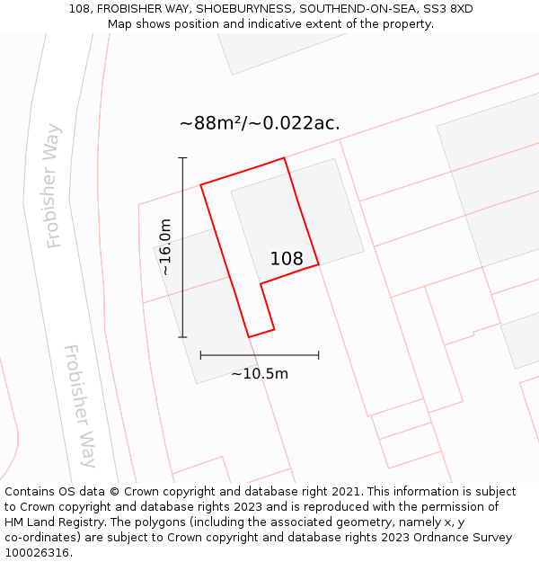 108, FROBISHER WAY, SHOEBURYNESS, SOUTHEND-ON-SEA, SS3 8XD: Plot and title map