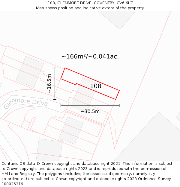 108, GLENMORE DRIVE, COVENTRY, CV6 6LZ: Plot and title map