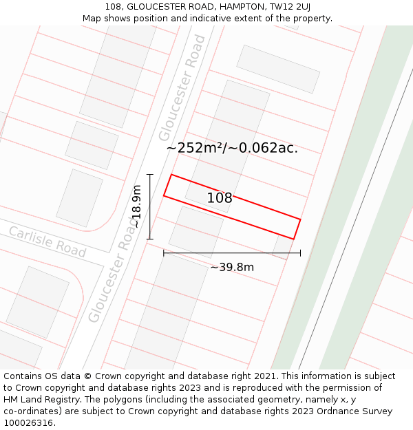 108, GLOUCESTER ROAD, HAMPTON, TW12 2UJ: Plot and title map